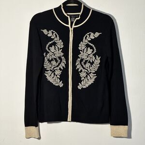 Grace Knit Embroidered Flower Cardigan Sweater Full Zip Gold Trim Women Medium